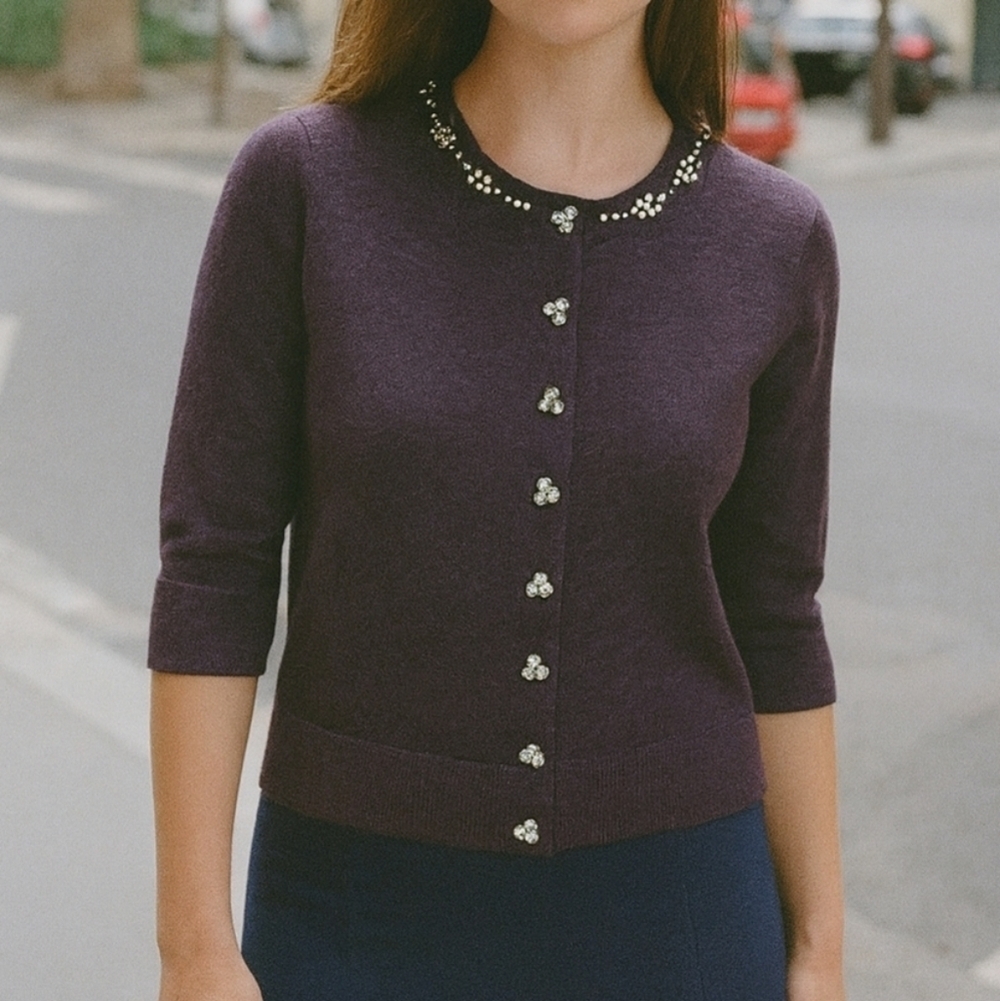 Zara Preppy Rhinestone Embellished Cardigan Sweater Plum M